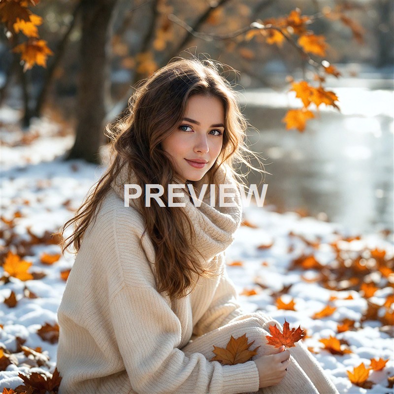 A young woman with long, wavy brown hair and a gentle smile, dressed in a cozy cream-colored sweater, sitting outdoors on snow-covered ground with autumn leaves, near a tree with orange foliage, and a body of water in the background.